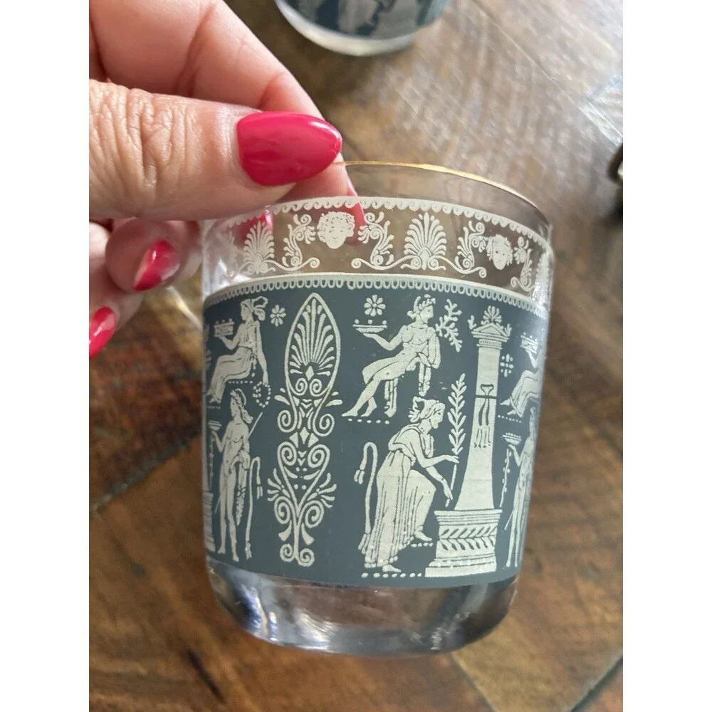 Vintage Greek Key Ice Bucket & 6 Rocks Glasses Grecian Gods MCM Barware Set